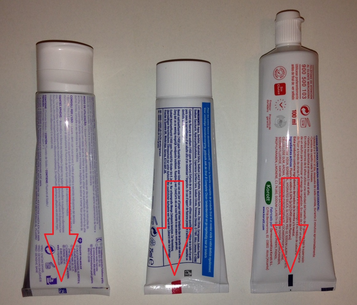 The markings on toothpaste tubes have nothing to do with their composition.