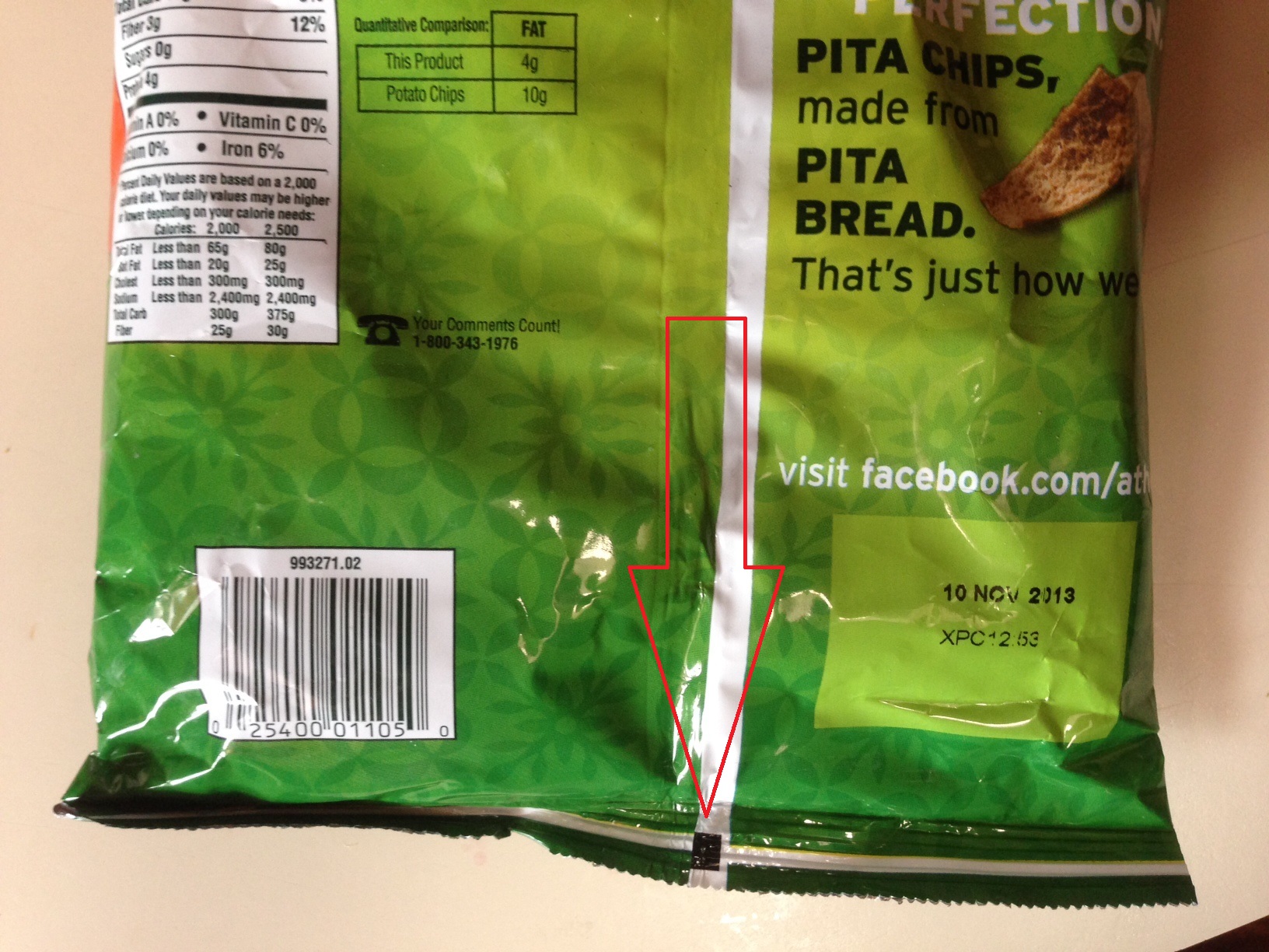 A potato crisp pack also has markings for its packaging.